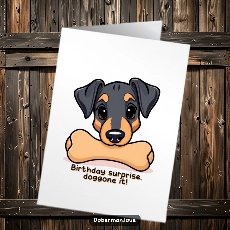 Funny Free Printable Birthday Card: Kawaii Doberman peeking mischievously from behind a giant chew toy, ready to surprise.