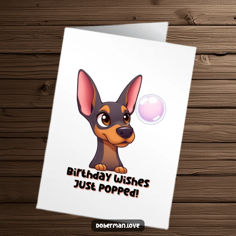Funny Free Printable Birthday Card featuring a surprised Doberman with wide innocent eyes watching a floating bubble.