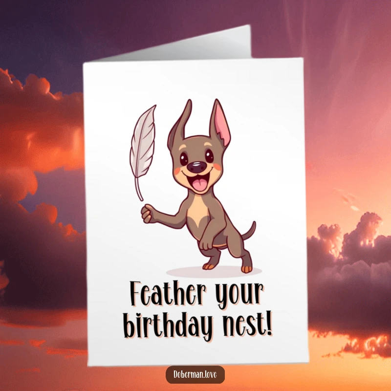 Funny Free Printable Birthday Card: Kawaii Doberman leaping with excitement towards a delicate floating feather.