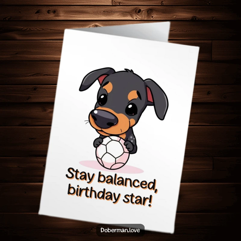 Funny Free Printable Happy Birthday Card: Kawaii Doberman attempting to balance a small ball on its snout.