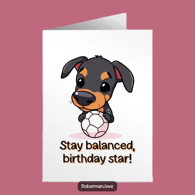 Free Printable Birthday Card: Balancing Doberman, Funny Dog Humorous Downloadable Gift