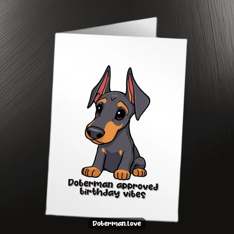 Funny Free Printable Birthday Card: Sleek Doberman with alert ears looking thoughtfully curious, perfect DIY humorous greeting.