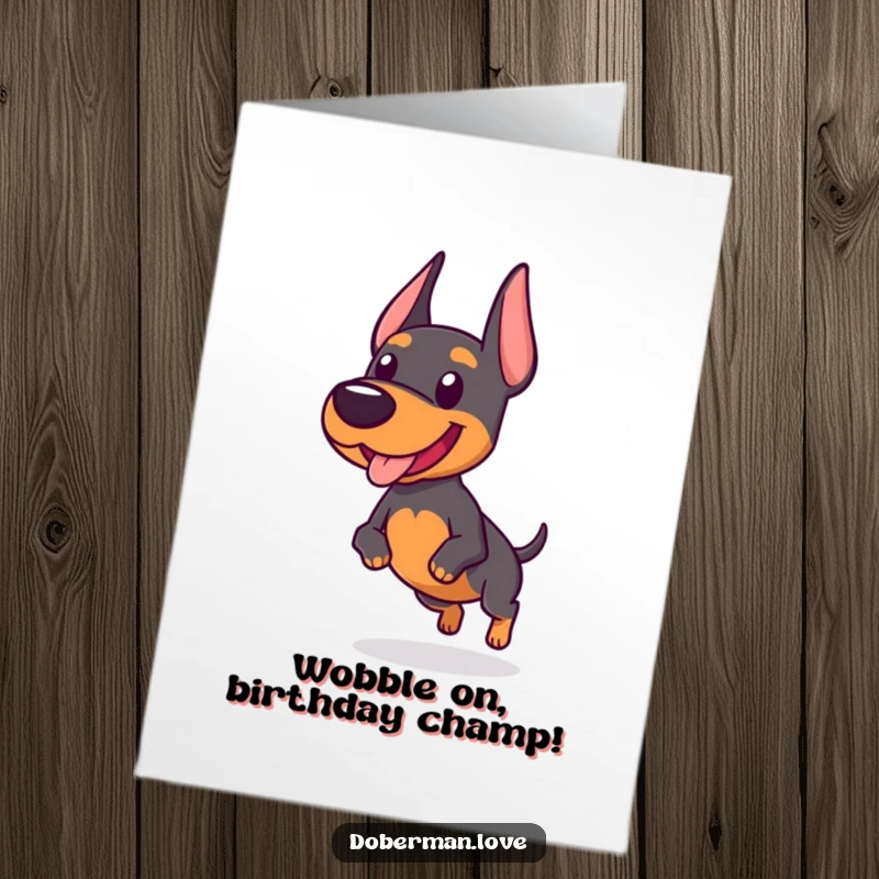 Funny Free Printable Birthday Card with a chubby Doberman doing a hilarious wobbly, excited trot, ready to celebrate.