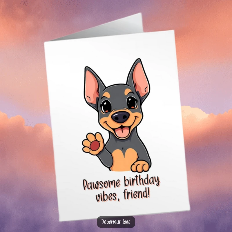 Funny Free Printable Birthday Card: Kawaii Doberman offering a friendly, open paw for a high five. Adorable and cheerful.