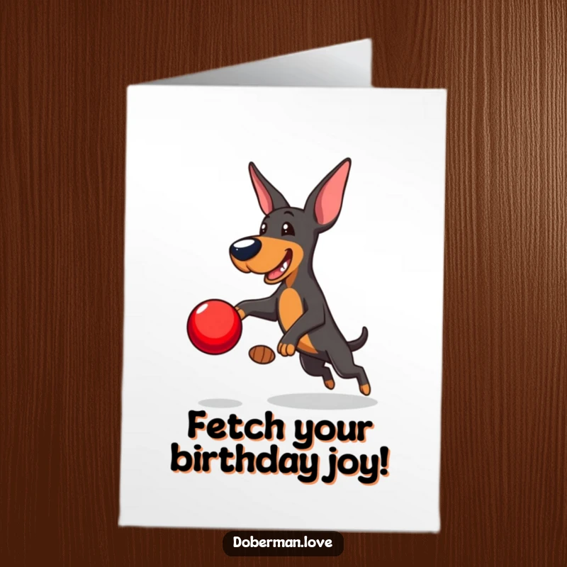 Funny Free Printable Birthday Card: Playful Doberman leaping high to catch a shiny red ball, full of energetic humor.