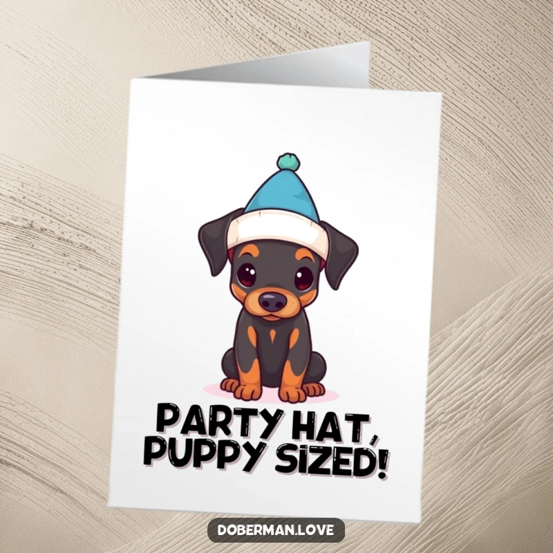 Funny Free Printable Birthday Card: A cute Doberman puppy struggling adorably to wear a comically tiny hat.