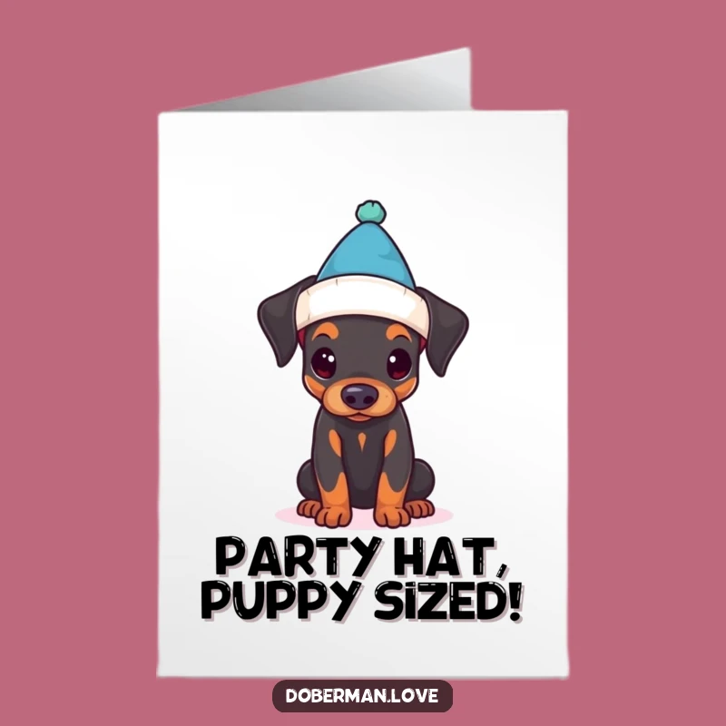 Free Printable Birthday Card: Puppy Doberman & Tiny Hat, Funny Downloadable Gift!