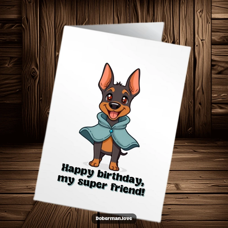 Funny Free Printable Birthday Card: Playful Doberman in a small cape, barking joyfully like a superhero.