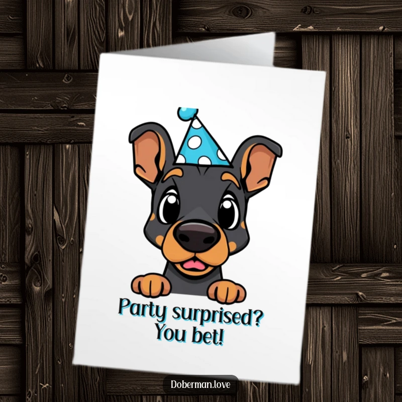 Funny Free Printable Birthday Card: Kawaii Doberman wearing a silly party hat and looking comically surprised, ready for fun