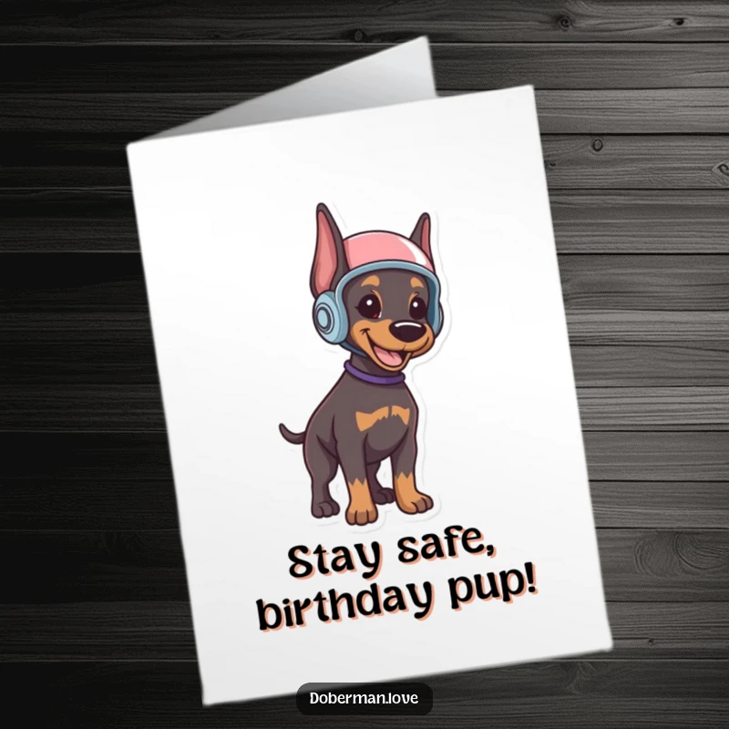 Funny free printable birthday card featuring a smiling Doberman puppy ready for action in a tiny, cute helmet.