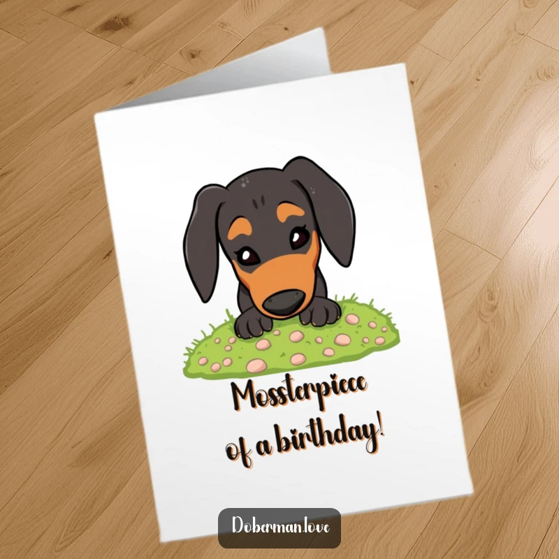 Funny Free Printable Birthday Card featuring an energetic Doberman digging with gusto in soft moss.