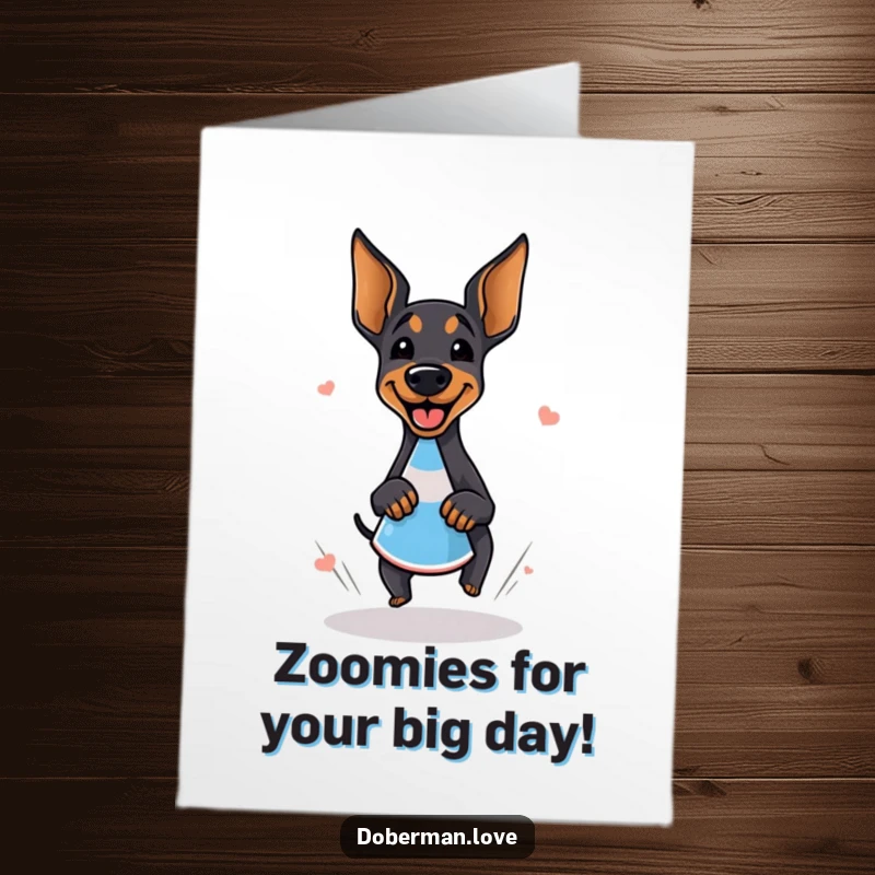 Funny Free Printable Birthday Card: Giggling Doberman doing zoomies around a cone, pure chaotic joy.