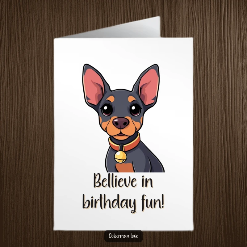 Funny Free Printable Happy Birthday Card: Kawaii Doberman with bell collar, looking curiously, cute dog art.