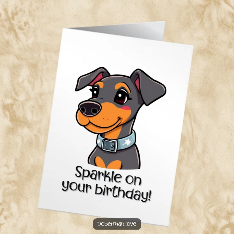 Funny Free Printable Birthday Card: Whimsical Doberman wearing a stylish, sparkling collar, looking fabulous.