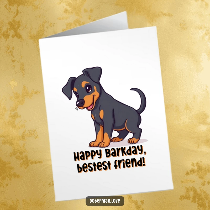 Funny Free Printable Birthday Card: Cute Doberman puppy with floppy ears, excitedly wagging its tail for your birthday.