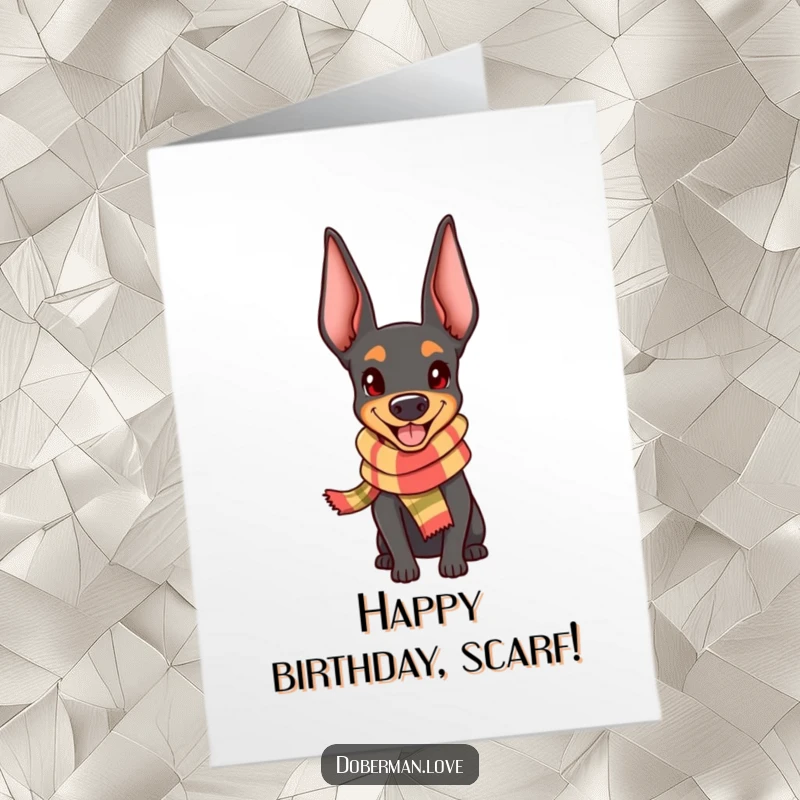 Funny Free Printable Birthday Card: Kawaii Doberman wearing a tiny scarf, looking incredibly happy and content