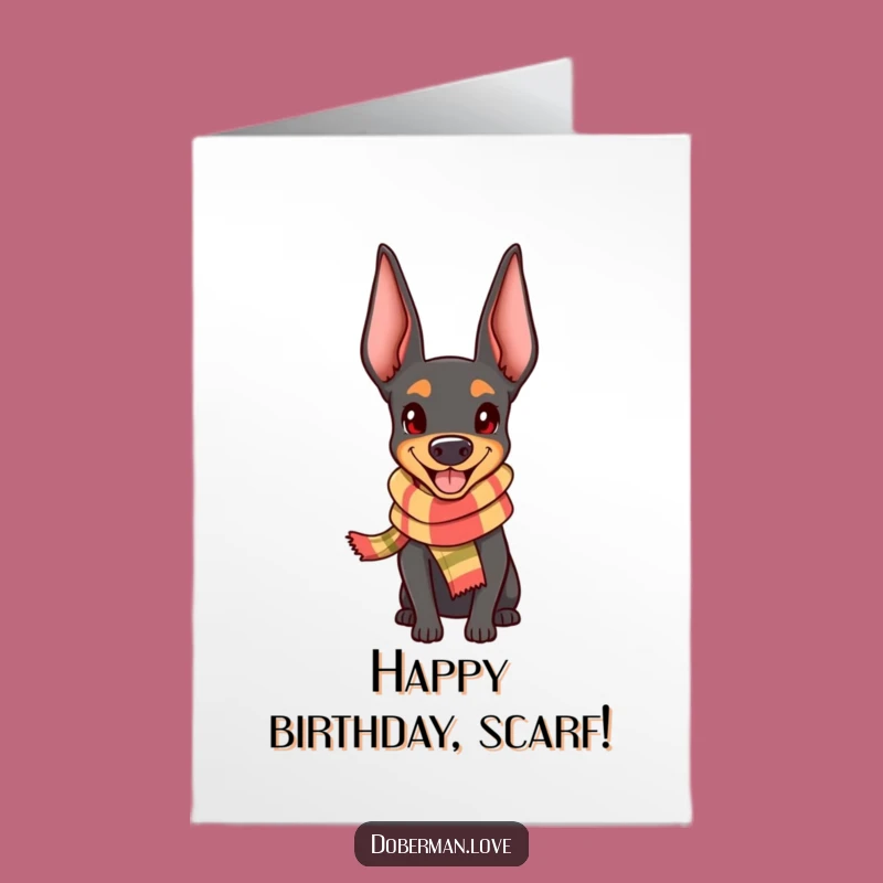 Free Printable Birthday Card: Happy Kawaii Doberman in Scarf for a Cute DIY Gift