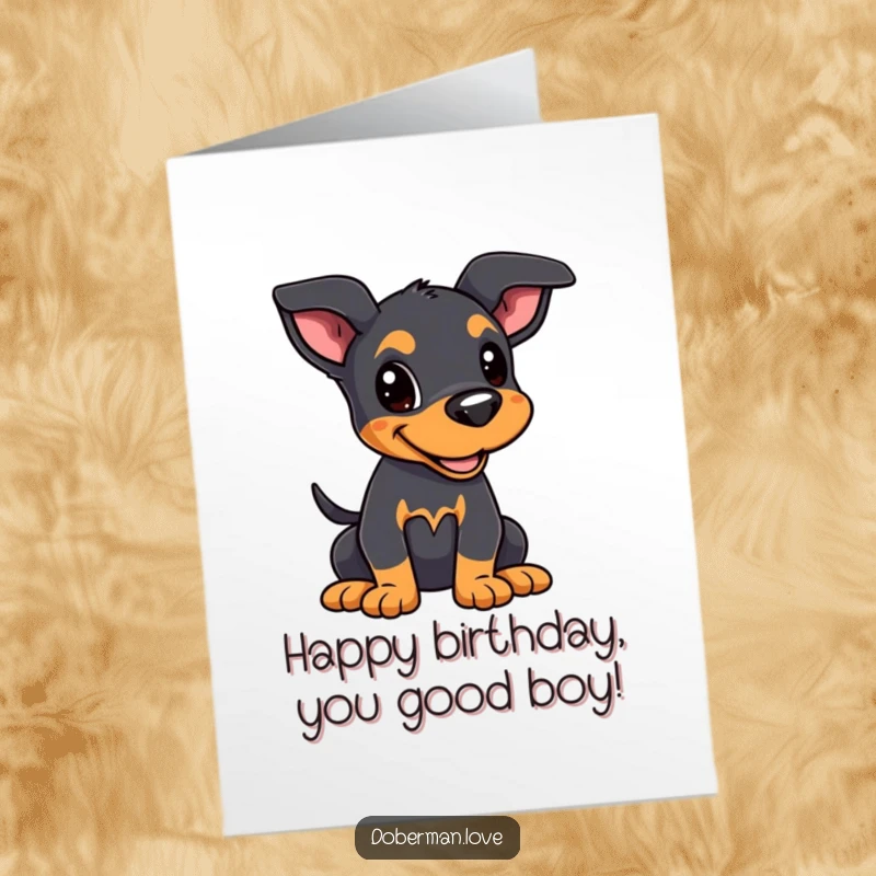 Funny Free Printable Birthday Card: Kawaii Doberman puppy with alert ears and wagging tail, full of birthday joy.
