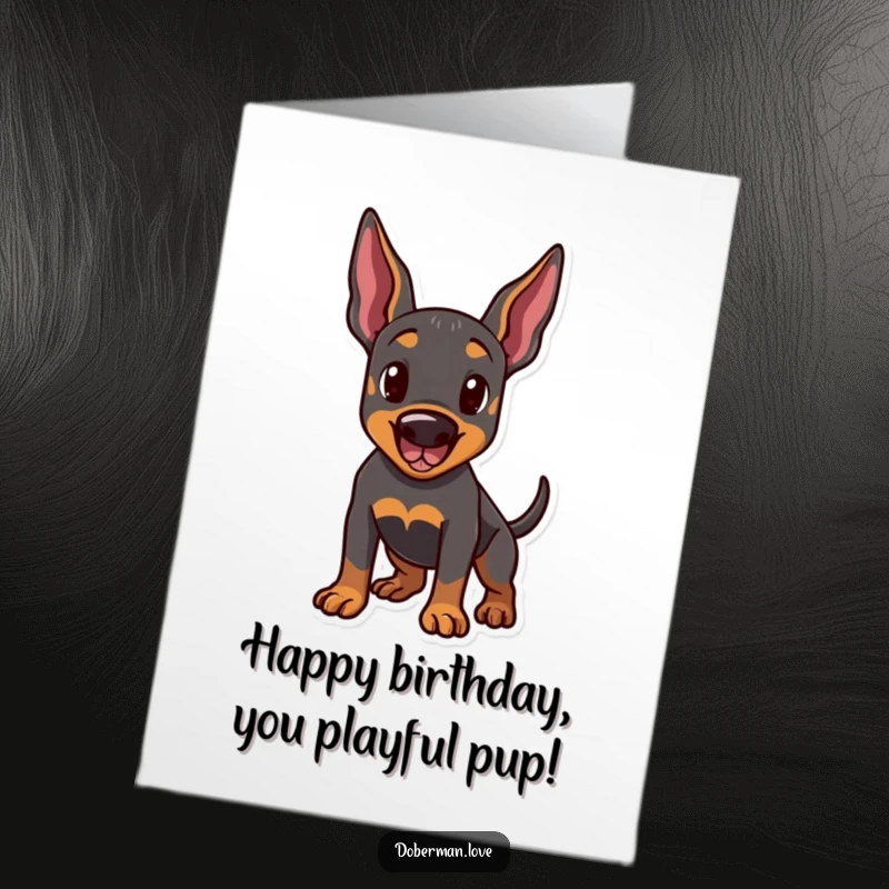 Funny Free Printable Birthday Card: A Doberman stands playfully, ears perked and tail wagging with birthday excitement.