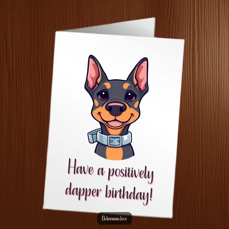 Funny Free Printable Birthday Card: Kawaii Doberman skillfully balancing a shiny collar on its nose with focus.