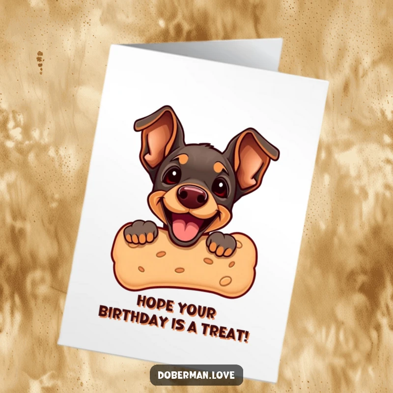 Funny Free Printable Birthday Card: Adorable Doberman puppy peeking out from behind a giant dog biscuit with excitement.