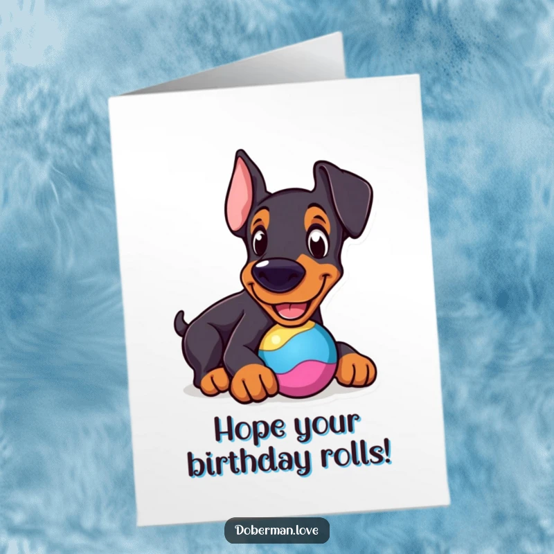 Funny Free Printable Birthday Card featuring a cheerful Doberman nudging a colorful, round toy with its snout.