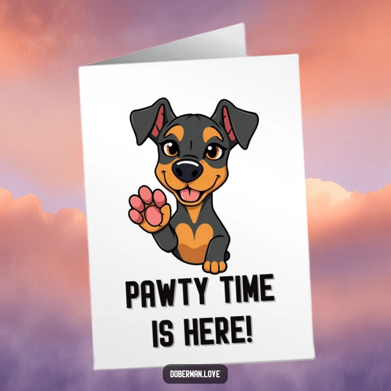 Funny Free Printable Birthday Card: A Doberman dog with a mischievous glint in its eye, offering a paw for a handshake.