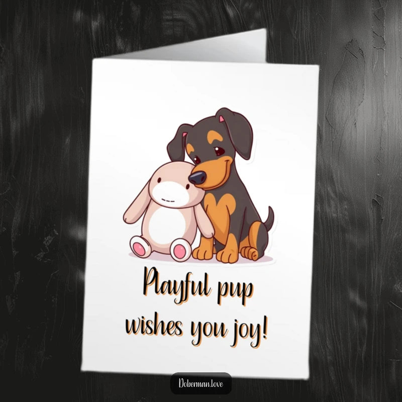 Funny Free Printable Birthday Card: A doberman playfully nudging a giant plush toy, celebrating with doggy joy.
