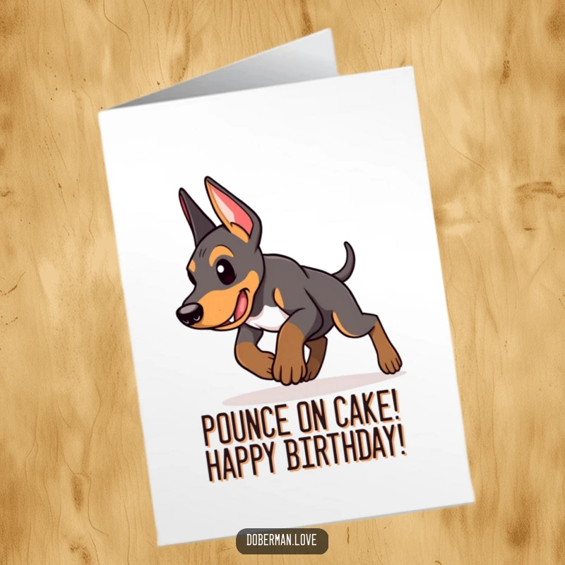 Funny free printable birthday card capturing an energetic Doberman puppy mid-pounce with fierce determination and playful focus.