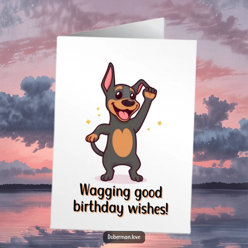 Funny Free Printable Birthday Card: A happy Doberman dog enthusiastically doing a tail wag dance, showing pure excitement for the birthday.