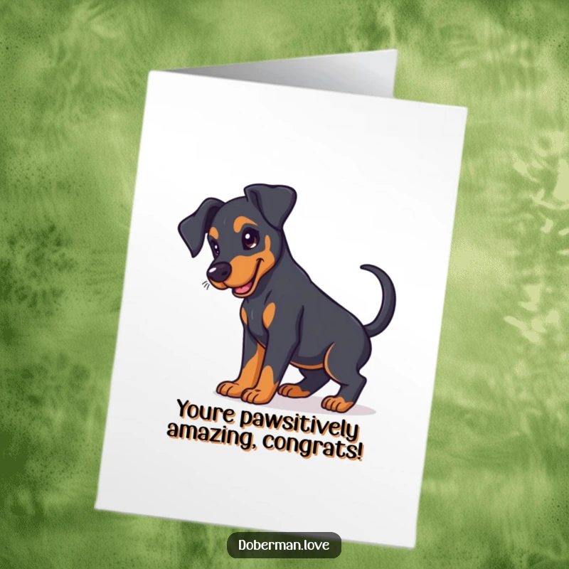 Funny Free Printable Congratulations Card: A cute Doberman puppy with floppy ears, wagging its tail to celebrate your achievement.