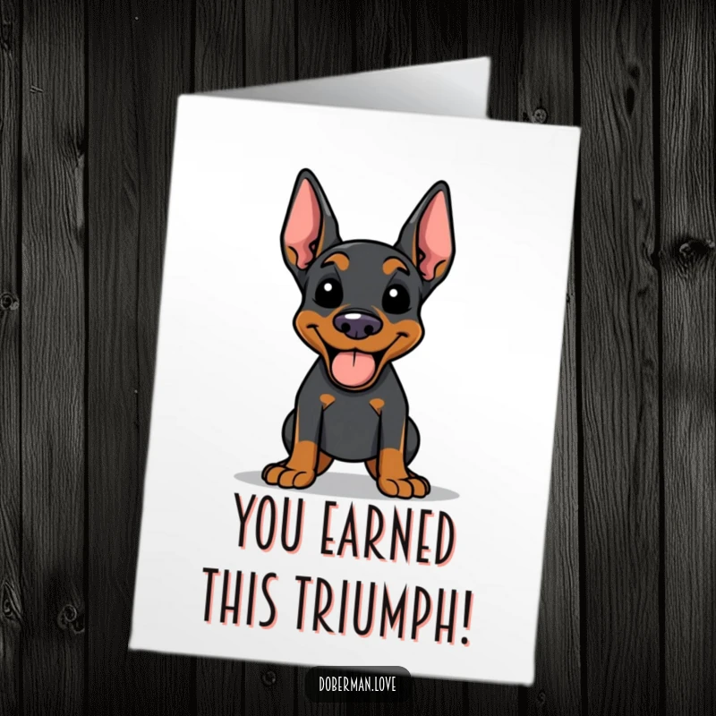 Funny Free Printable Congrats Card: A happy, panting Doberman with tongue out celebrates their success.