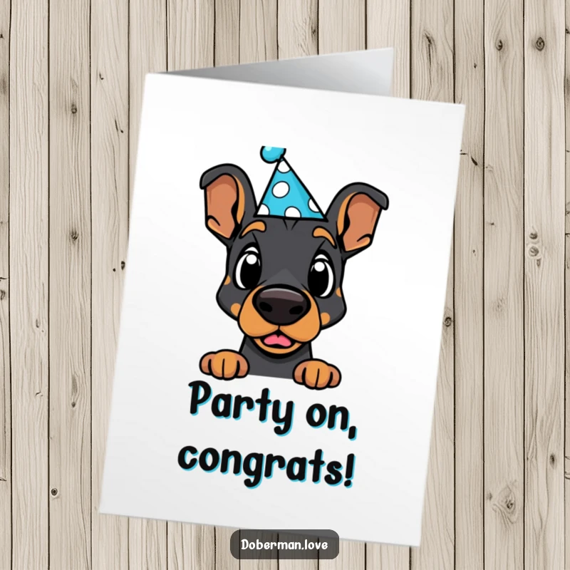 Free Printable Congratulations Card: Adorable Kawaii Doberman in a party hat, wide-eyed with surprise at their success
