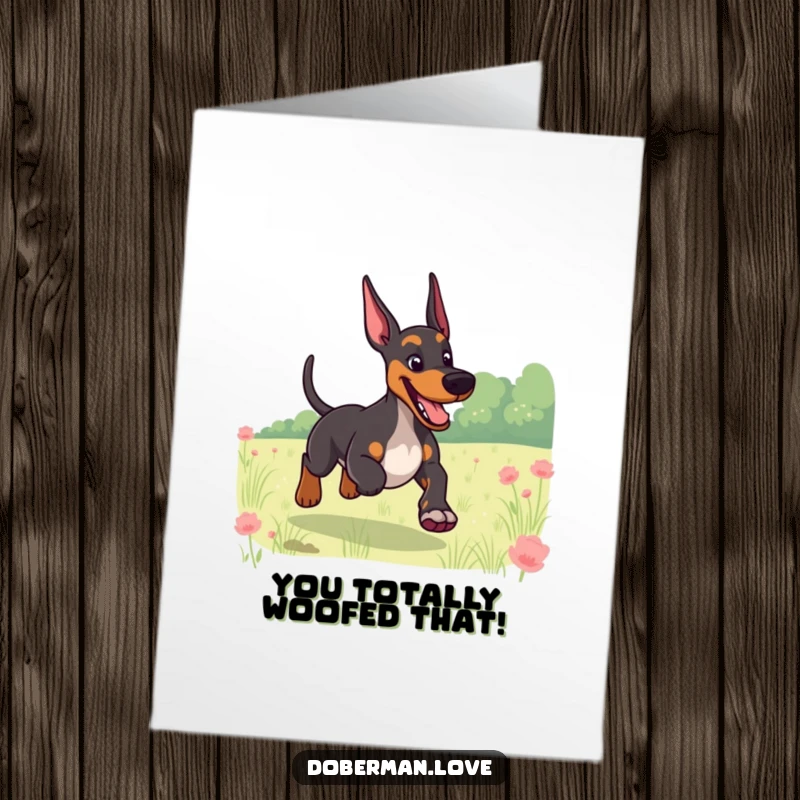 Funny Free Printable Congratulations Card: A giggling Doberman zooms through a field, tail wagging, celebrating their success.