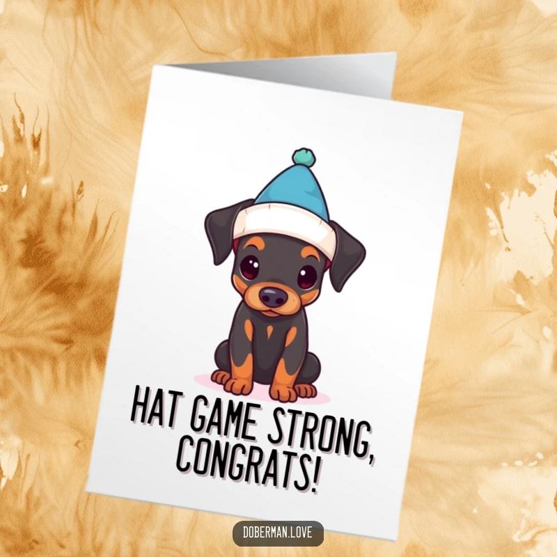Free Printable Congratulations Card: A charming Doberman puppy looking confused in a tiny hat, celebrating success.