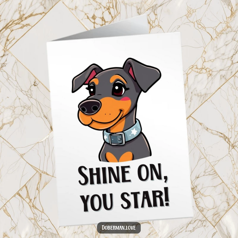 Funny Free Printable Congratulations Card: Whimsical Doberman showcasing a very stylish, brightly sparkling collar.