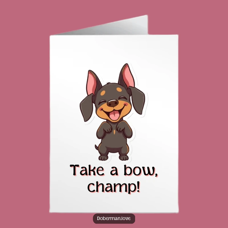 Free Printable Bowing Doberman Congrats Card: Funny Joyful Dog Downloadable Greeting