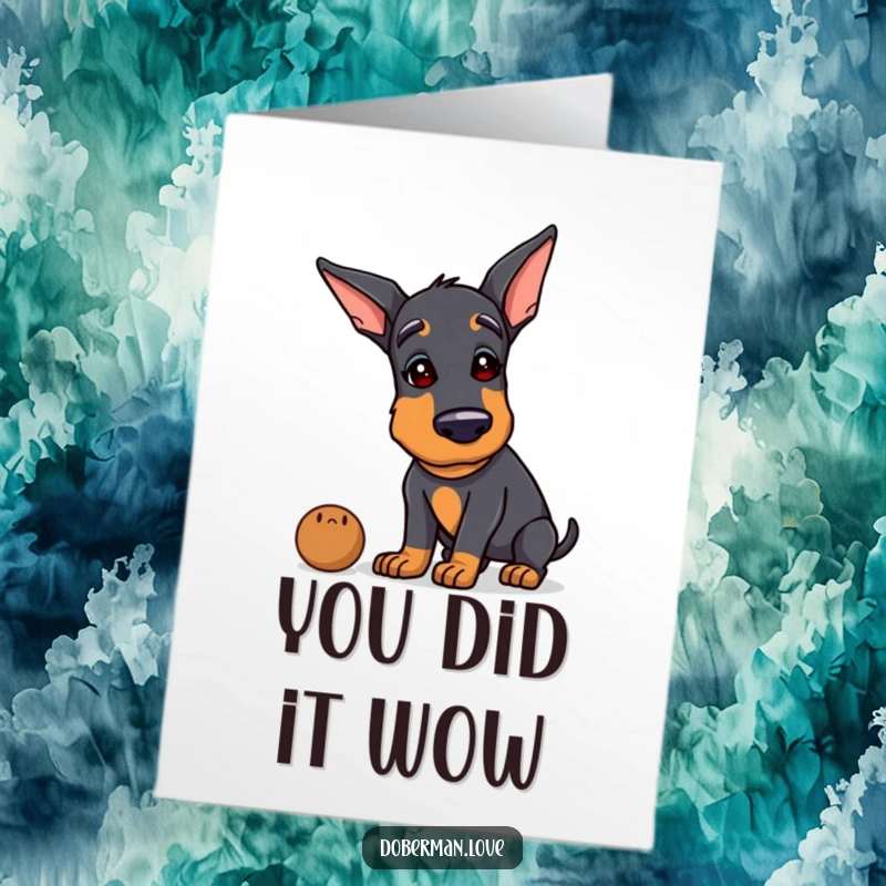 Funny Free Printable Doberman Congratulations Card: Curious dog tilting head, sniffing mystery item, perfect downloadable celebration.
