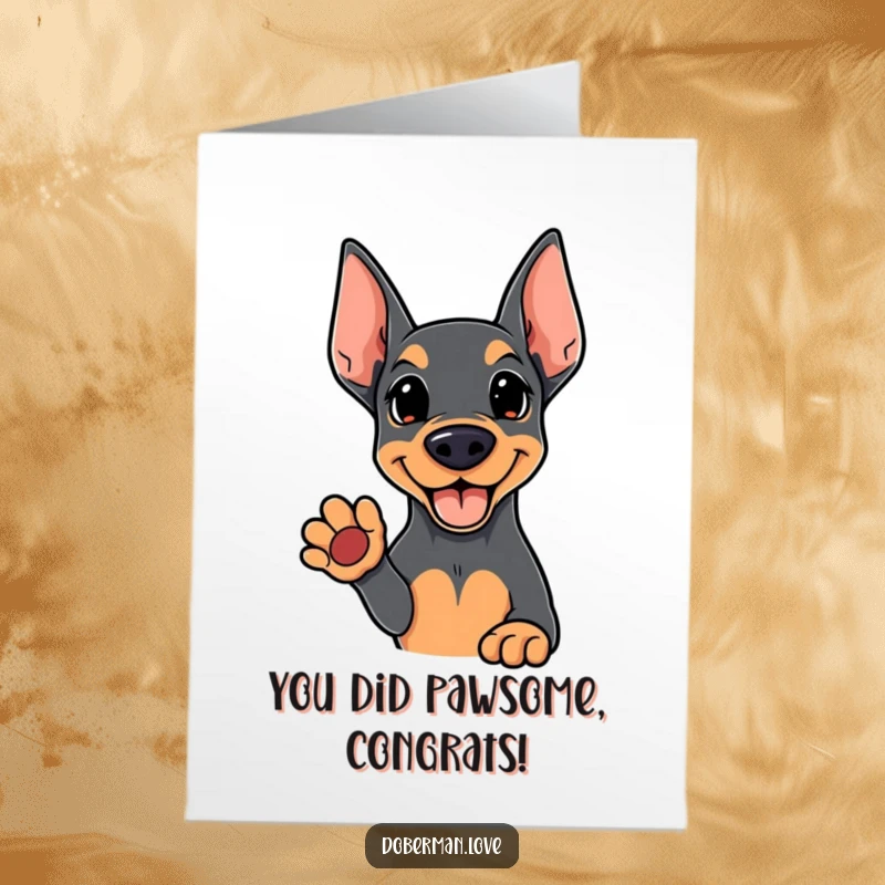 Funny Free Printable Congratulations Card: Kawaii Doberman extending a friendly, open paw to cheer you on. A happy greeting.