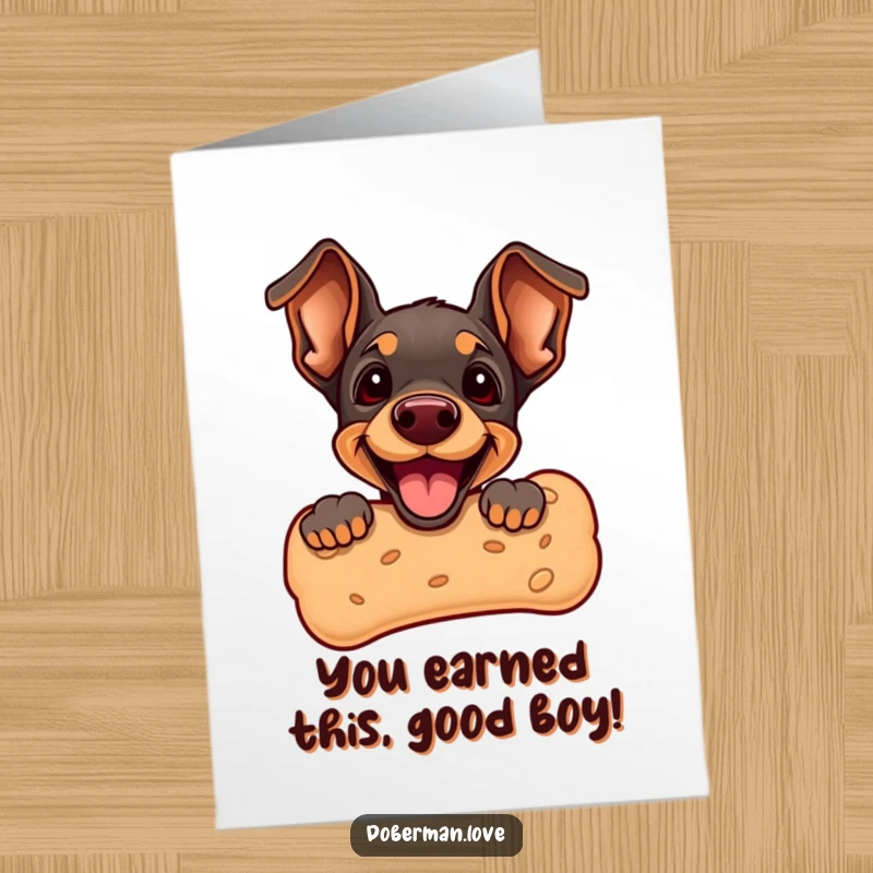 Funny Free Printable Congratulations Card: A cute Doberman puppy peeking from a huge dog biscuit, radiating happiness.
