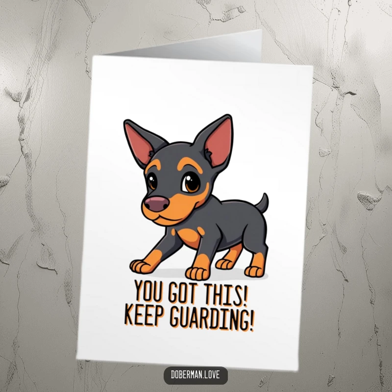 Funny Free Printable Congratulations card of a kawaii doberman with sleek ears standing guard, celebrating their win.