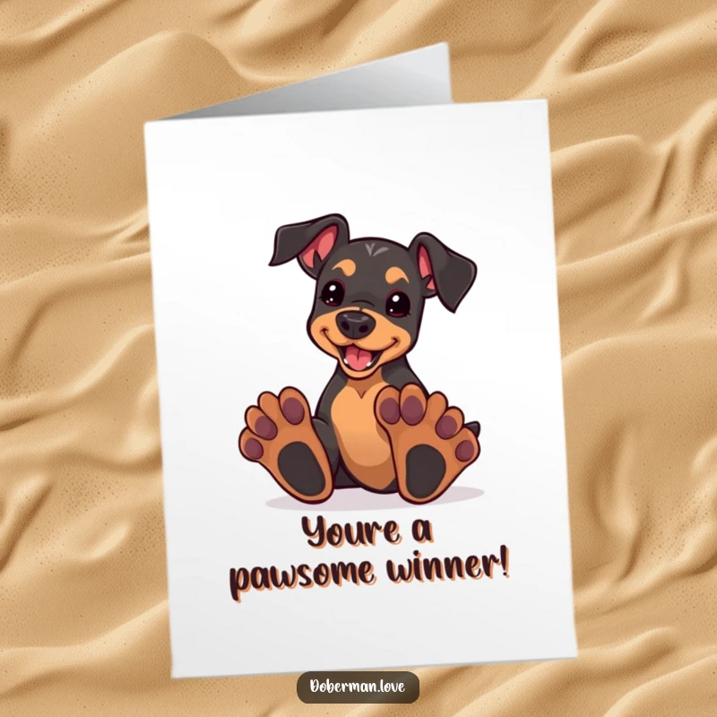 Funny Free Printable Congratulations Card: A kawaii doberman puppy with comically large paws, playing with great enthusiasm.