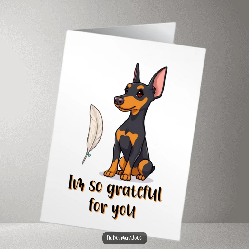 Funny Free Printable Thank You Card showing a proud Doberman observing a single feather floating gracefully.