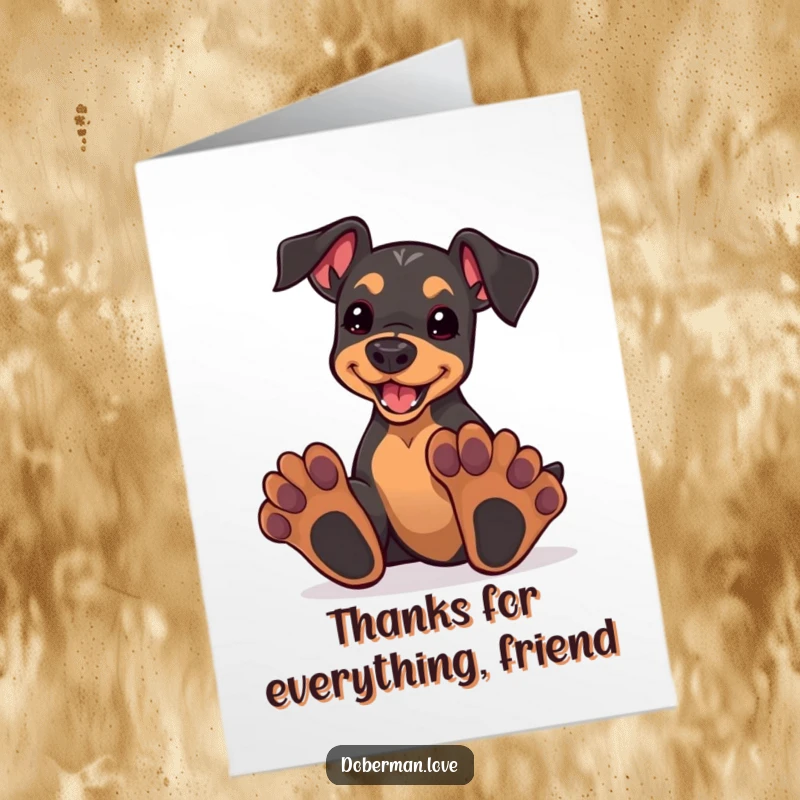 Funny Free Printable Thank You Card: Kawaii doberman puppy with oversized paws, enthusiastically playing and looking adorably clumsy.