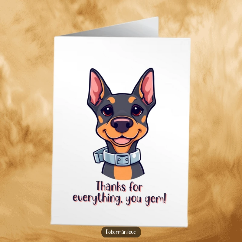 Funny Free Printable Thank You Card: A clever kawaii Doberman with a shiny collar perfectly balanced on its nose.
