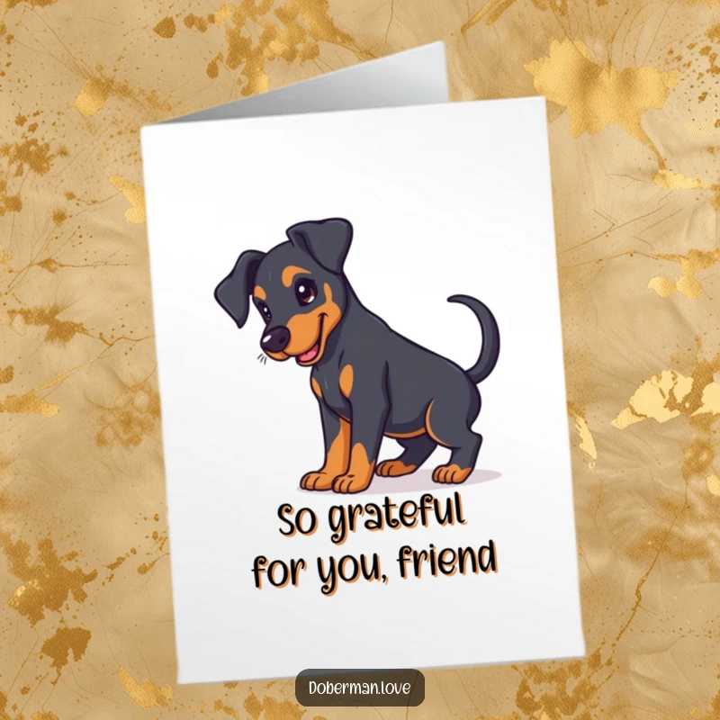 Funny Free Printable Thank You Card: A cute Doberman puppy with floppy ears, excitedly wagging its tail to say thank you.