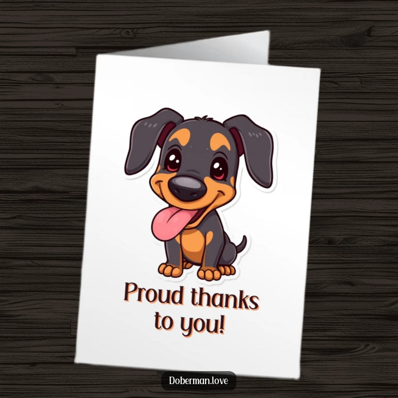 Funny Free Printable Thank You Card of a joyful doberman, panting happily with a proud and contented stance.