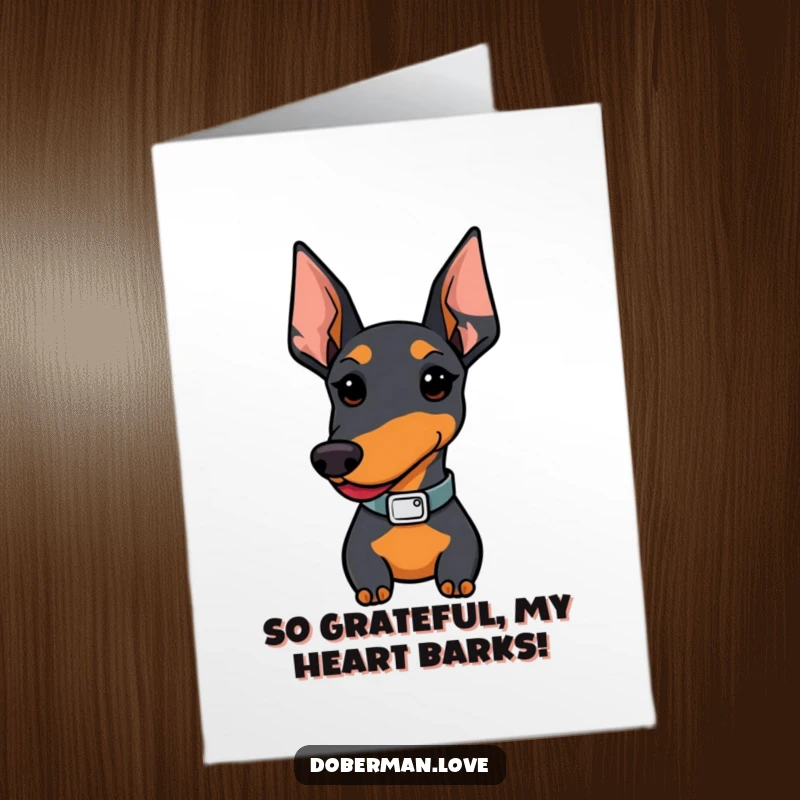 Funny Free Printable Thank You Card: A proud Kawaii Doberman dog wearing a stylish collar, expressing sincere thanks with a smile.