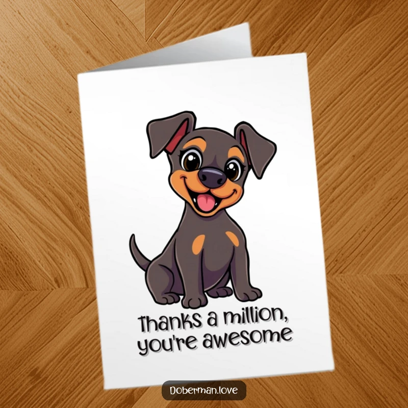 Funny Free Printable Kawaii Doberman Thank You Card, wide excited eyes, wagging its tail vigorously, expressing enthusiastic thanks.