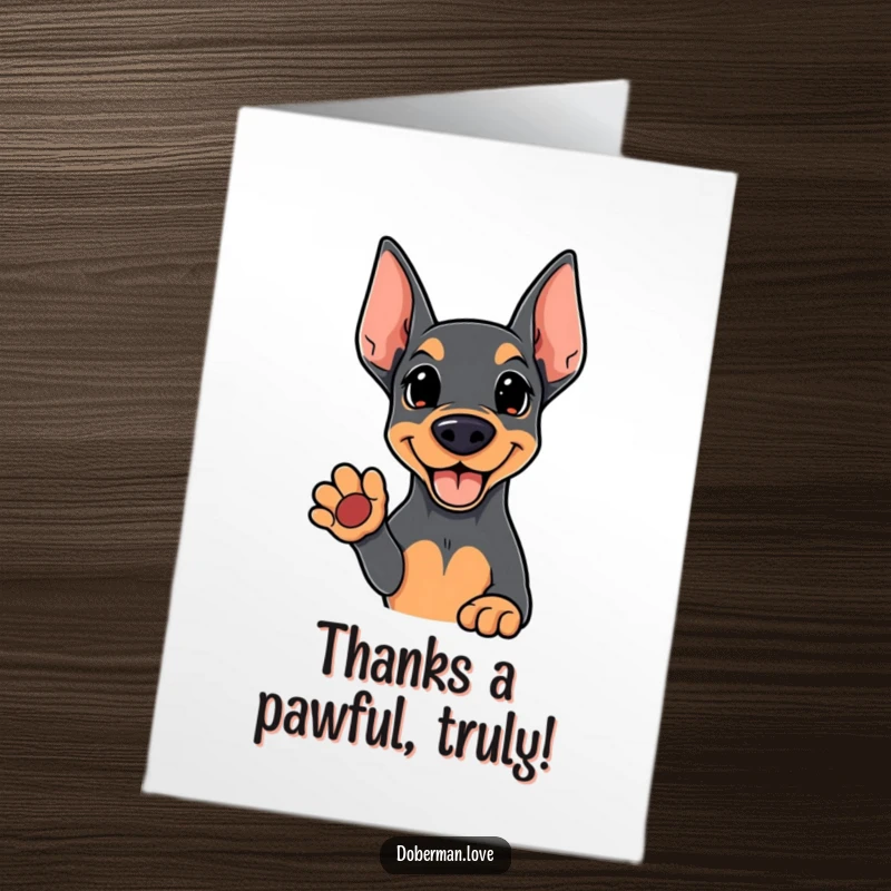 Funny Free Printable Thank You Card: Kawaii Doberman offering a friendly, open paw to show gratitude. Cute and heartfelt.